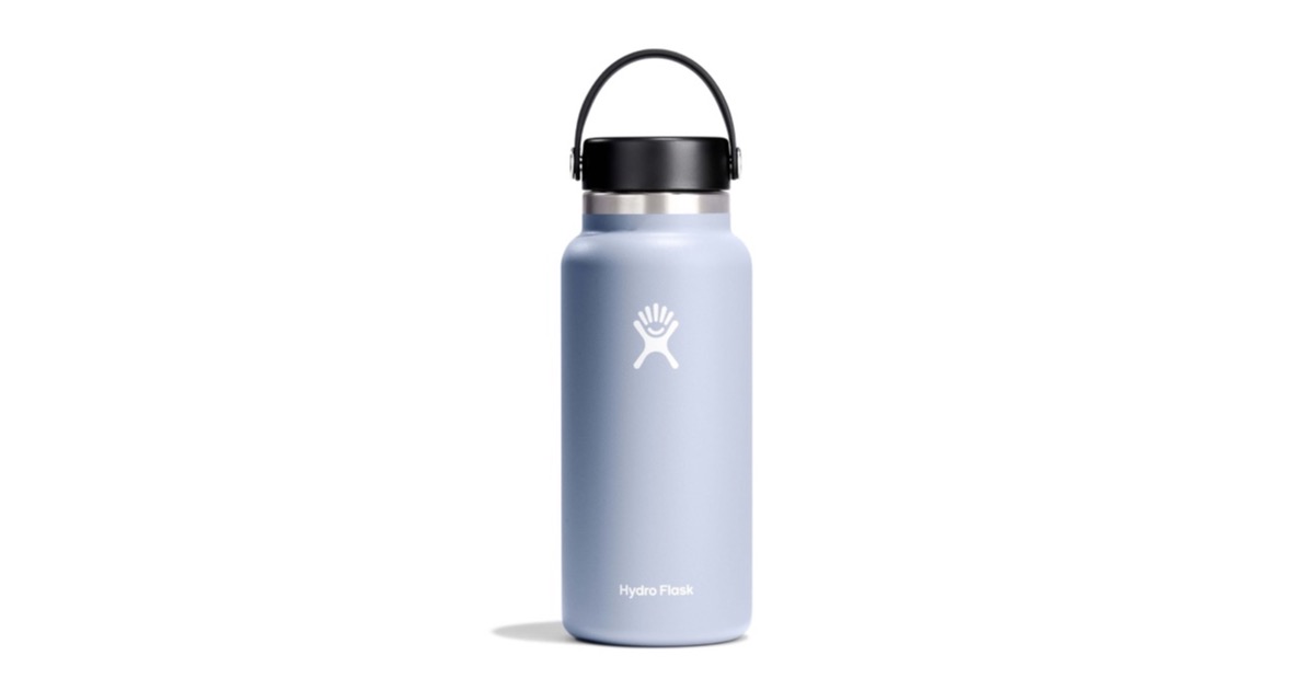 A Hydro Flask 32 oz Wide Mouth insulated stainless steel water bottle in a pale blue finish