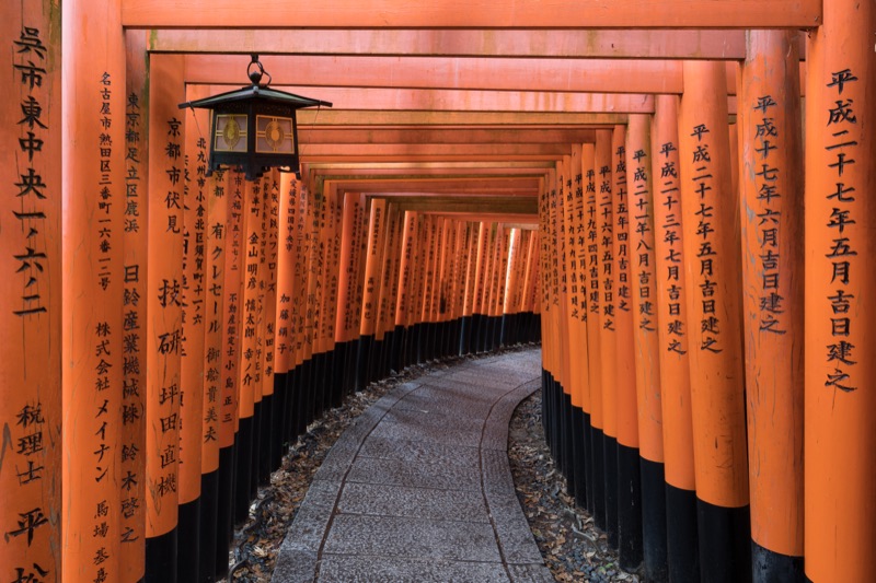 Vermillion torii gates at Fushimi Inari shrine in Kyoto, Japan
