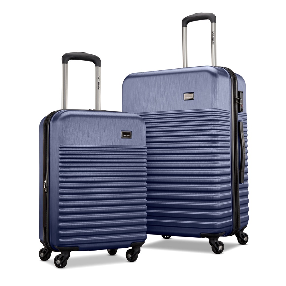 The Samsonite two piece hardside set, showing the carry-on spinner and the larger checked spinner side by side