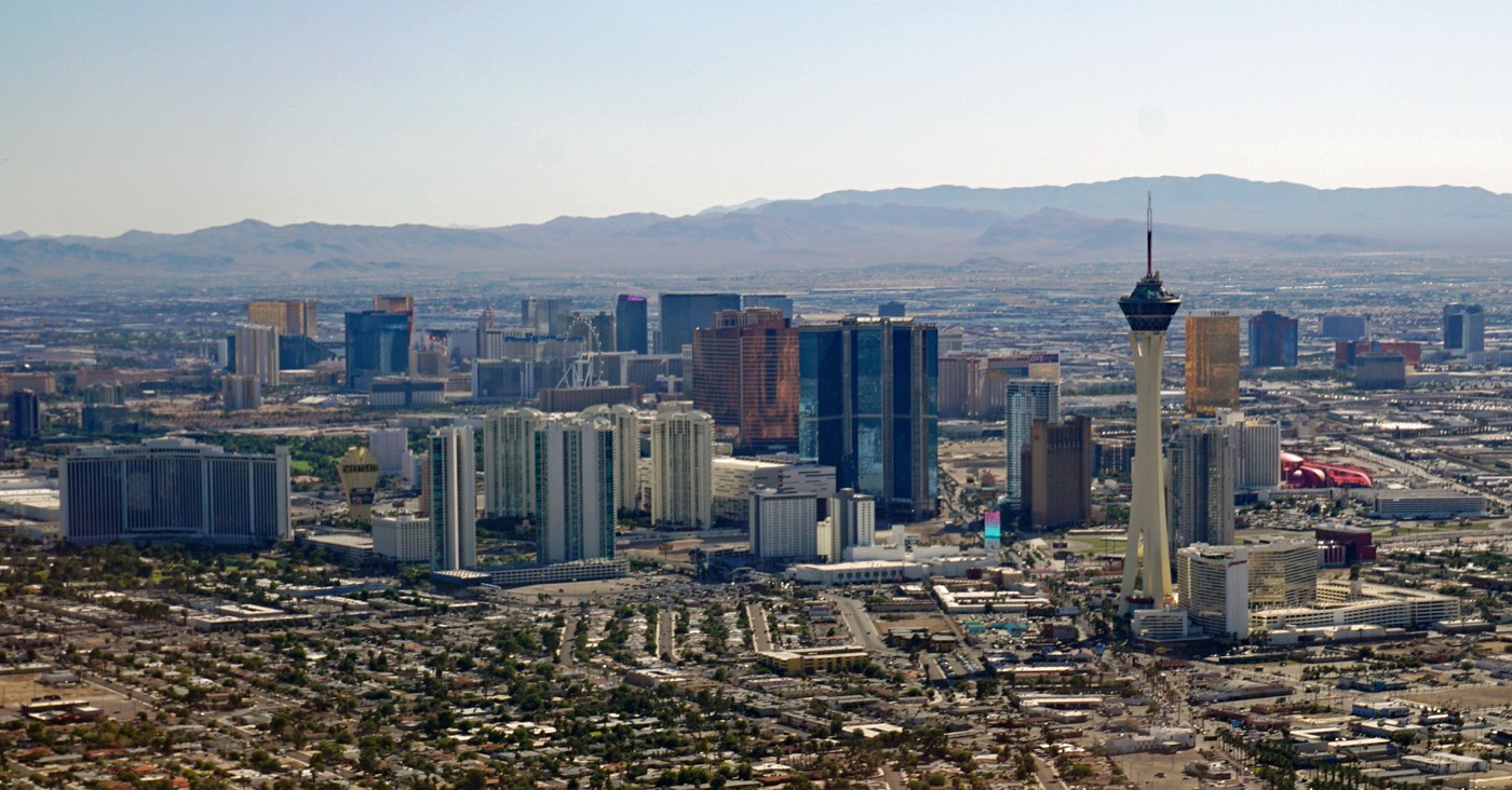 The Las Vegas Strip skyline seen from above, about 25 minutes from Centennial Hills